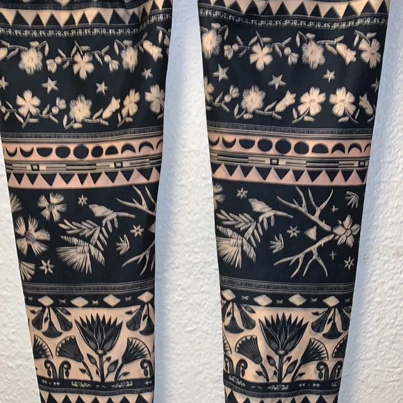 Rare Teeki leggings full length navy tan floral moon star antlers nature boho XS